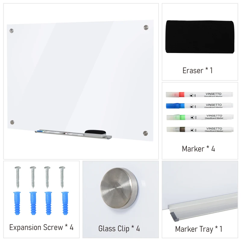 Vinsetto 35.5" x 23.5" Glass Magnetic Dry Erase Whiteboard, Frameless Board on Wall, with Dry Eraser, 4 Markers, and Pen Holder, White