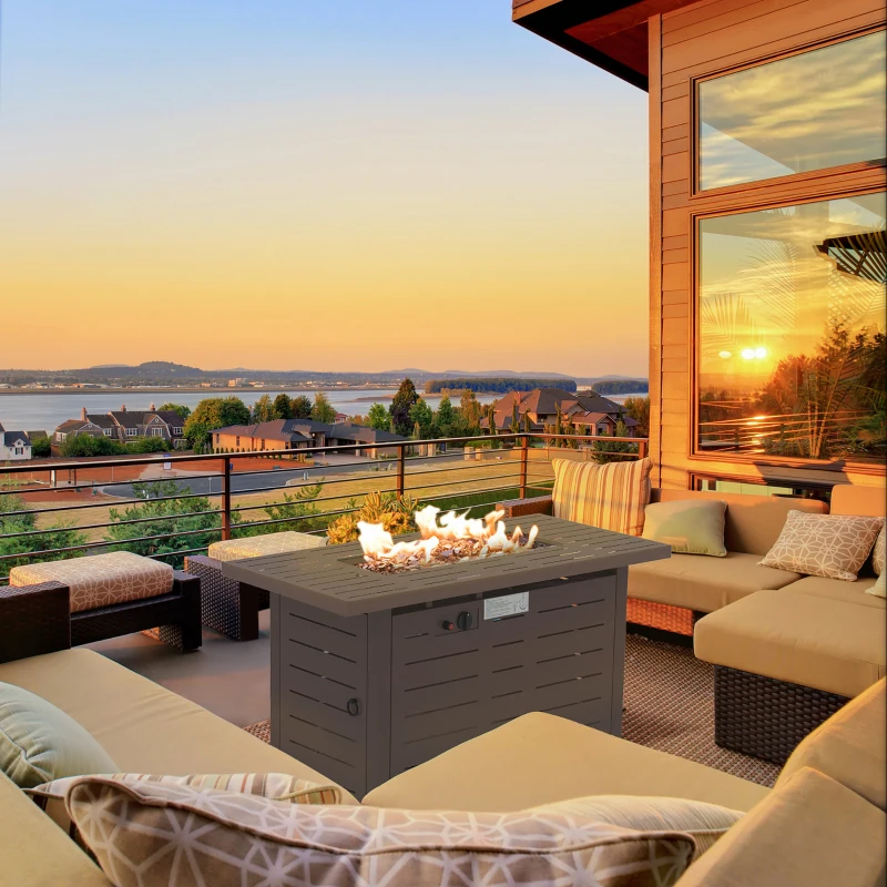 Outsunny 42 Inch Outdoor Propane Gas Fire Pit Table, 50,000 BTU Auto-Ignition Rectangular Gas Firepit with Slat Tabletop, Lid, Lava Rocks, Rain Cover, CSA Certification, Brown