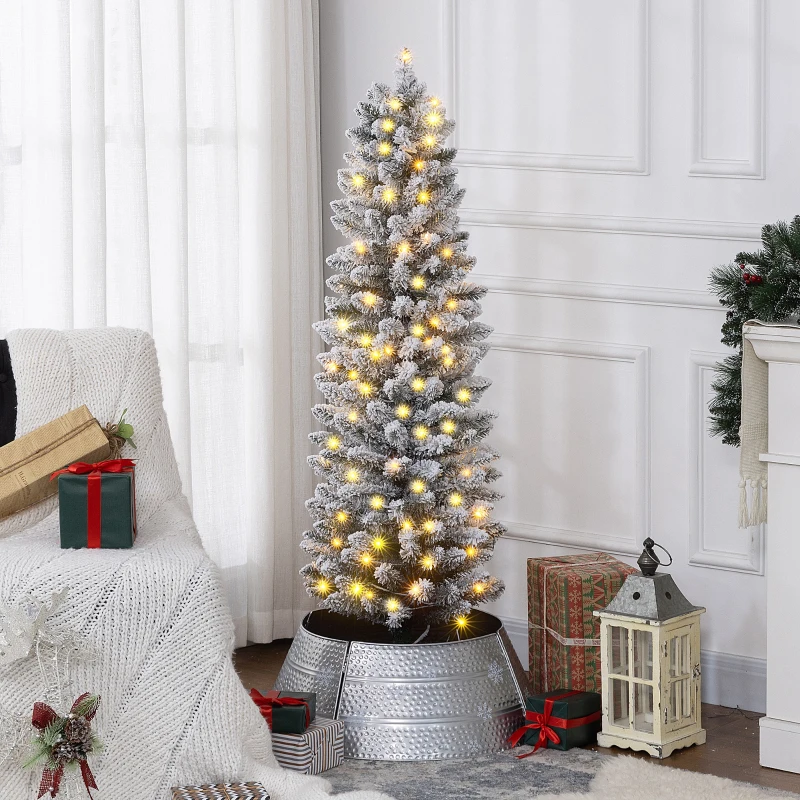 HOMCOM 5ft Artificial Prelit Christmas Tree with Warm White LED Light, Snow Flocked Branches, Metal Base, Pencil Xmas Tree