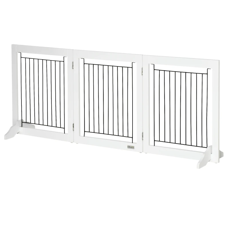 PawHut Freestanding Pet Gate, Folding Dog Gate with 2 Support Feet, 24" High, 3 Panels, for Small Dogs, Indoor Use - White
