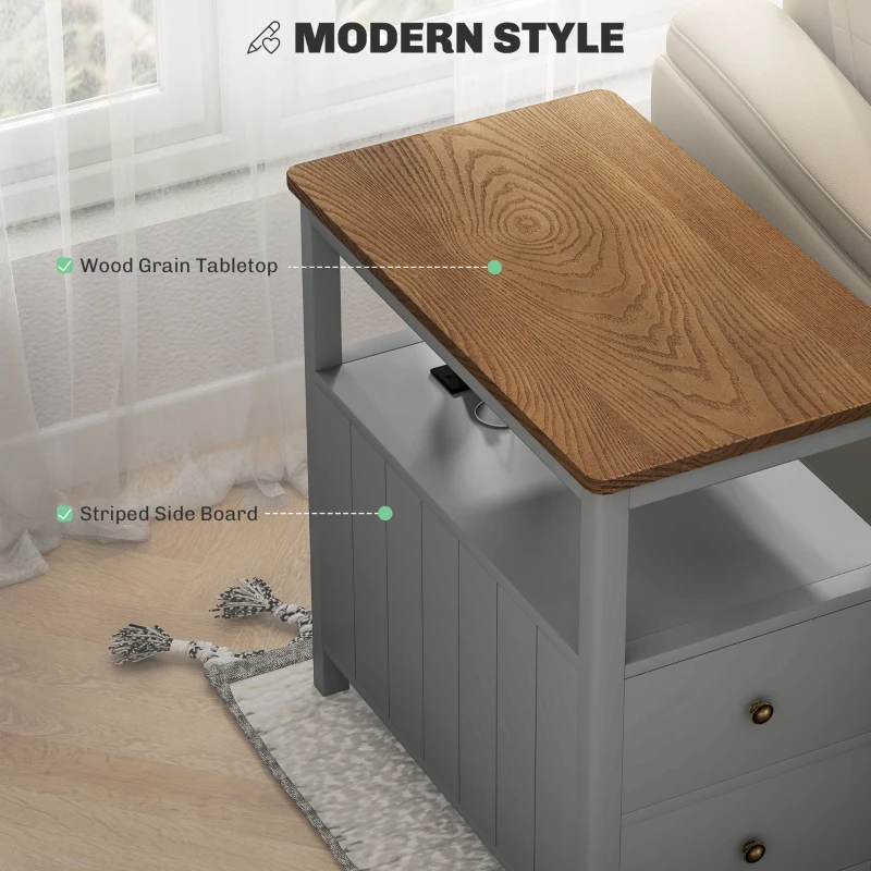 HOMCOM Side Table with Charging Station and USB Ports, Narrow End Table with Drawers, Shelf for Living Room, Gray
