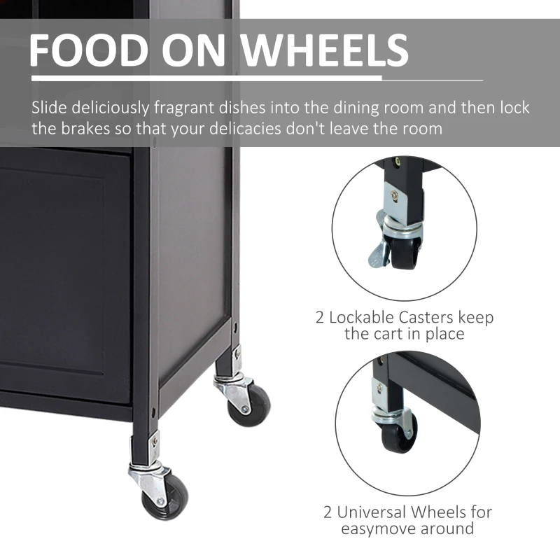 HOMCOM Portable Kitchen Trolley with Bamboo Top Storage Cabinet and Wine Rack (Black )