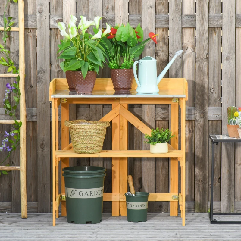 Outsunny Outdoor Garden Potting Bench Table Foldable Work Bench w/ Open Shelf Metal Tabletop Natural Wood Frame 33.5"x17.25"x35" Yellow