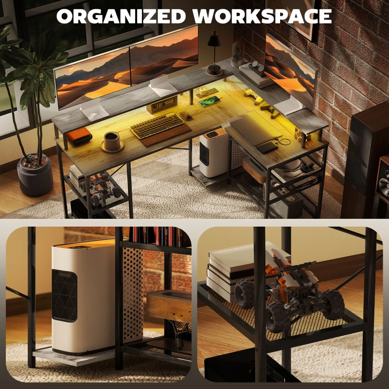 HOMCOM 59" L Shaped Desk with Storage, Corner Desk with LED Lights and Power Outlets for Home Office, Small Space, Gray