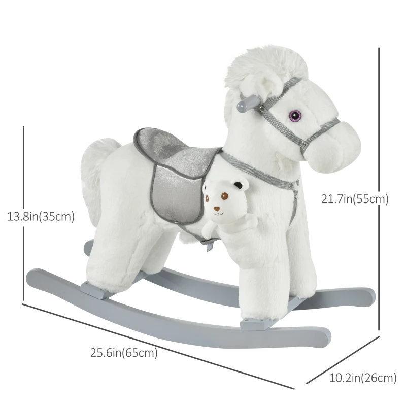 Qaba Kids Rocking Horse Plush Animal on Wooden Rockers with Sounds, Wooden Base and Bear Toy, Baby Rocking Chair, White