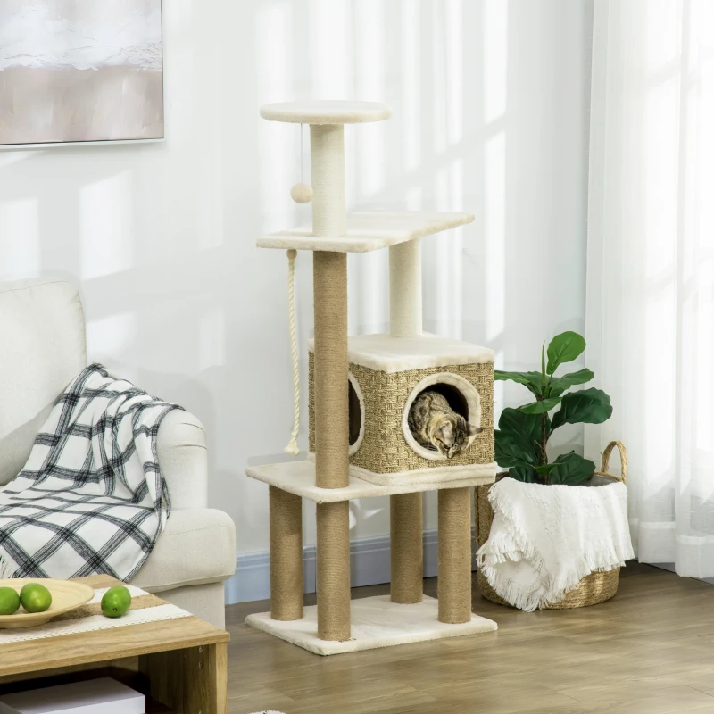 PawHut Modern Cat Tree with Scratching Posts and Rattan Cat House, Small Cat Tower for Indoor Cat Furniture, Beige