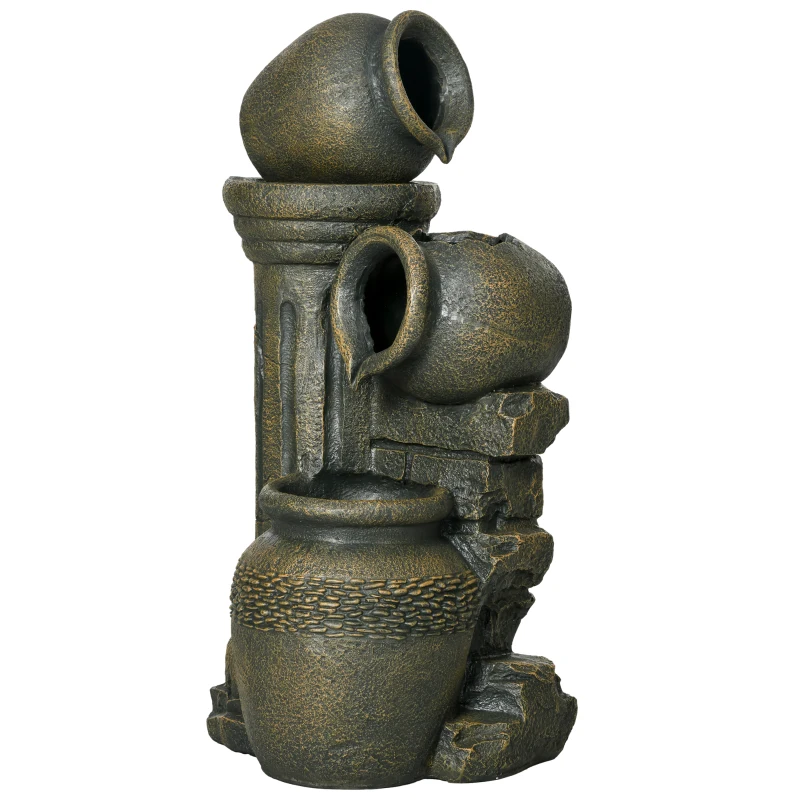 Outsunny 3-Tier Outdoor Fountain, Resin Cascading Waterfall Feature w/ Adjustable Flow, Wine Jar Look for Zen Garden, Porch