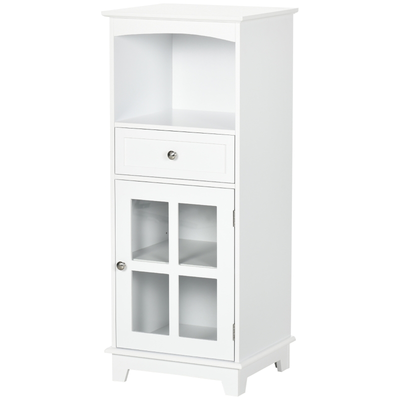 kleankin Bathroom Floor Cabinet with Drawer, Glass Door Side Cabinet, Multifunctional Corner Unit with Adjustable Shelf for Home Office, Living Room, White