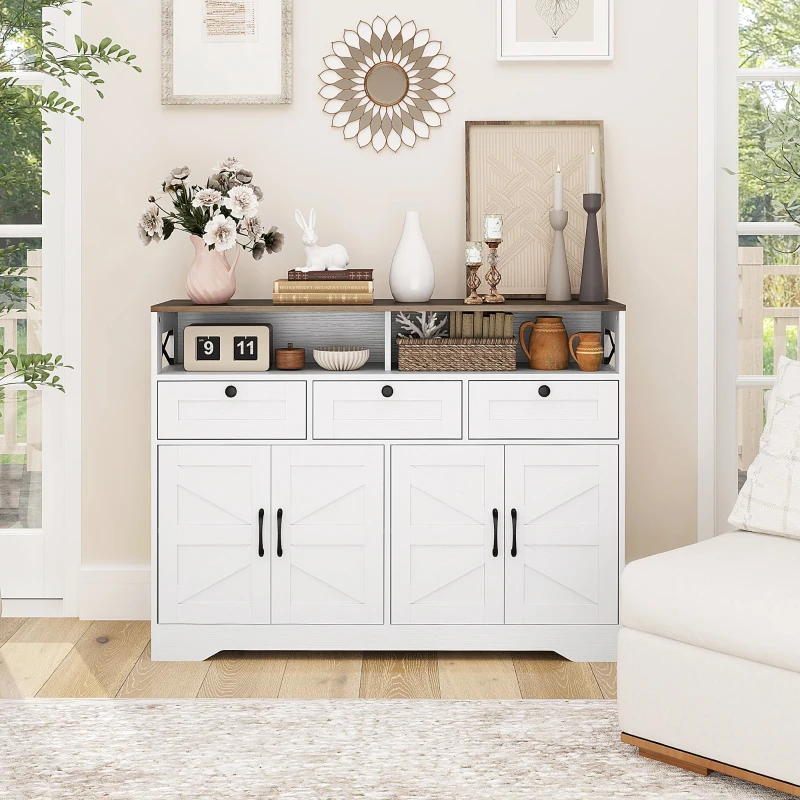 HOMCOM White Sideboard 47.2" Buffet Cabinet with 4 Barn Doors and 3 Drawers, Coffee Bar Cabinet with Adjustable Shelves