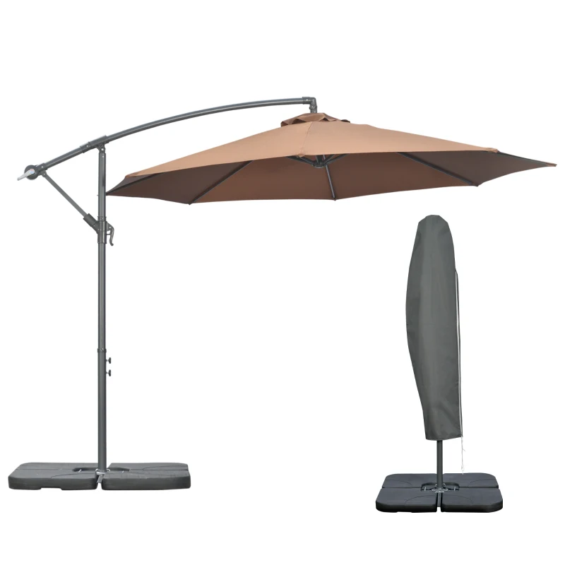 Outsunny 9.6ft Offset Patio Umbrella Garden Hanging Parasol Banana Cantilever Umbrella with Base, Crank, Coffee