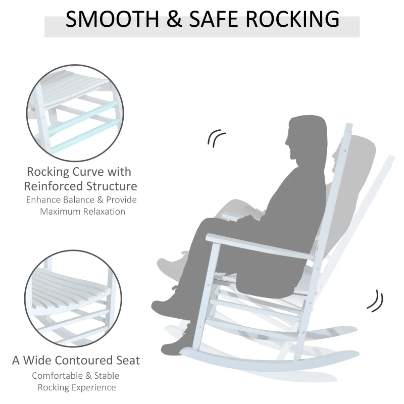 Outsunny Outdoor Rocking Chair, Patio Wooden Rocking Chair with Smooth Armrests, High Back for Garden, Balcony, Porch, Supports Up to 352 lbs, White