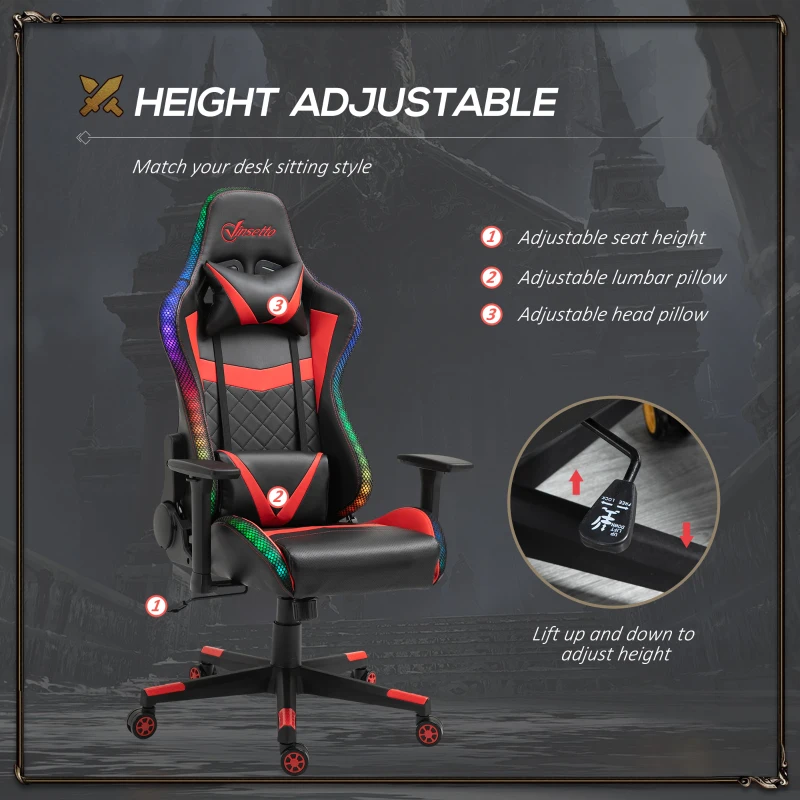 Vinsetto Racing Gaming Chair with RGB LED Lights, Adjustable Height, Gamer Office Chair, Computer Desk Chair, Black/Red