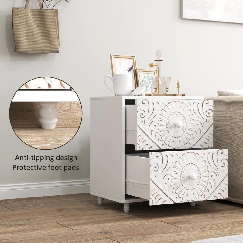 HOMCOM Mid-Century Bedside Table, Nightstand with 2 Drawers, Side End Table for Bedroom, White