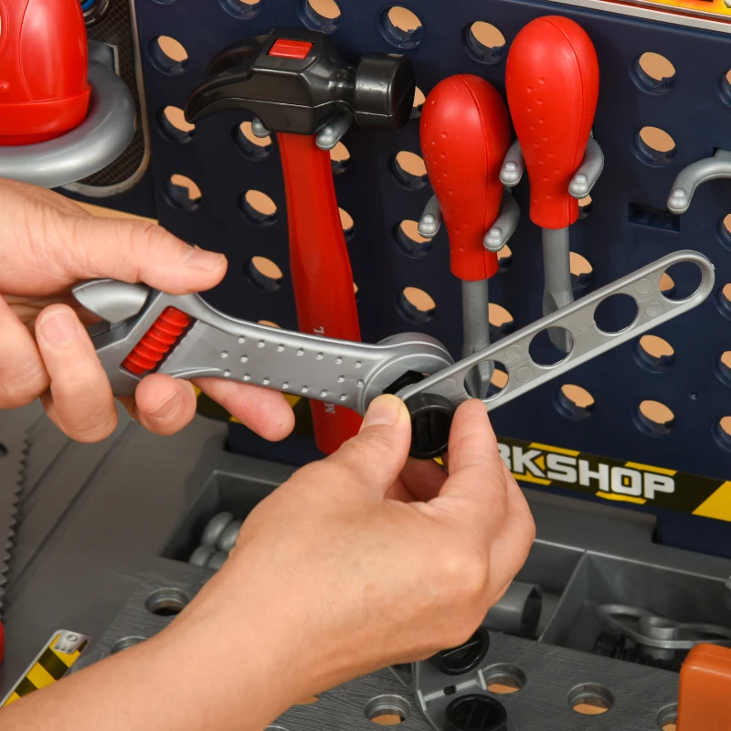 Qaba 55 PCS Kids Workbench and Construction Toy, Toddler Tool Workshop, STEM Educational Pretend Play, w/ Shelf Storage Box, Gift for Boys & Girls, Aged 3-6 Years Old