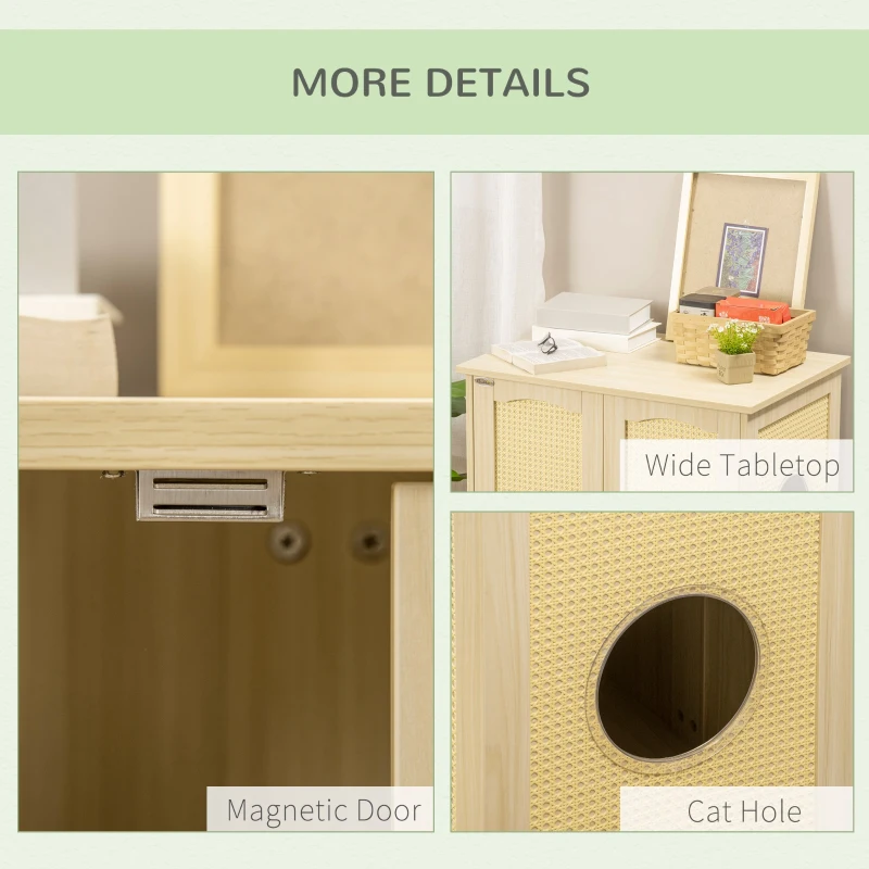 PawHut Cat Litter Box Enclosure with Soft Cushion, Indoor Cat Washroom Storage Bench End Table with PE Rattan Trim, Magnetic Doors, Easy Assembly, Oak