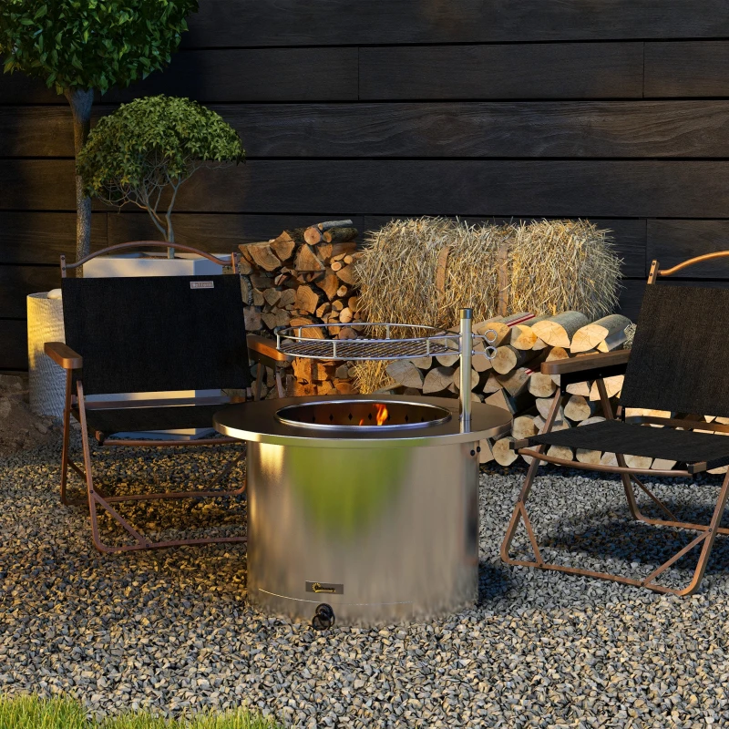 Outsunny 2-in-1 Smokeless Firepit, Stainless Steel Bonfire Stove with Poker and Ash Tray for Backyard, Patio, Picnic, Silver