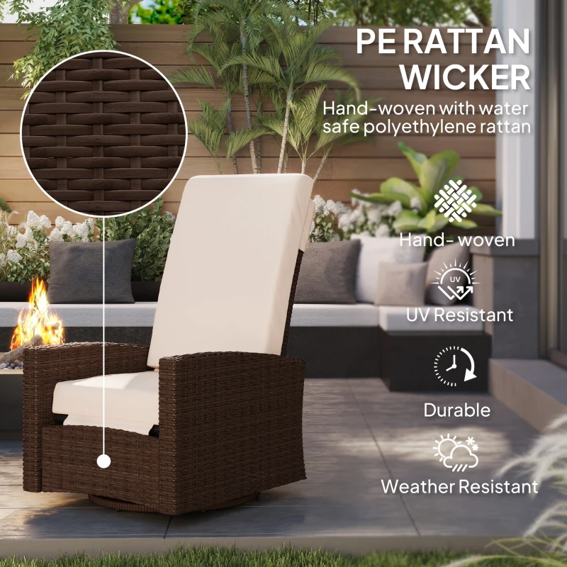 Outsunny Outdoor Wicker Swivel Recliner Chair, Lifting Footrest, 360° Rotating Basic, Water-resistant Cushions, Cream White