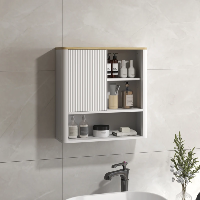 HOMCOM Bathroom Wall Cabinet, Medicine Cabinet with Fluted Panel, Curved Bathroom Cabinet with Adjustable Shelves, White