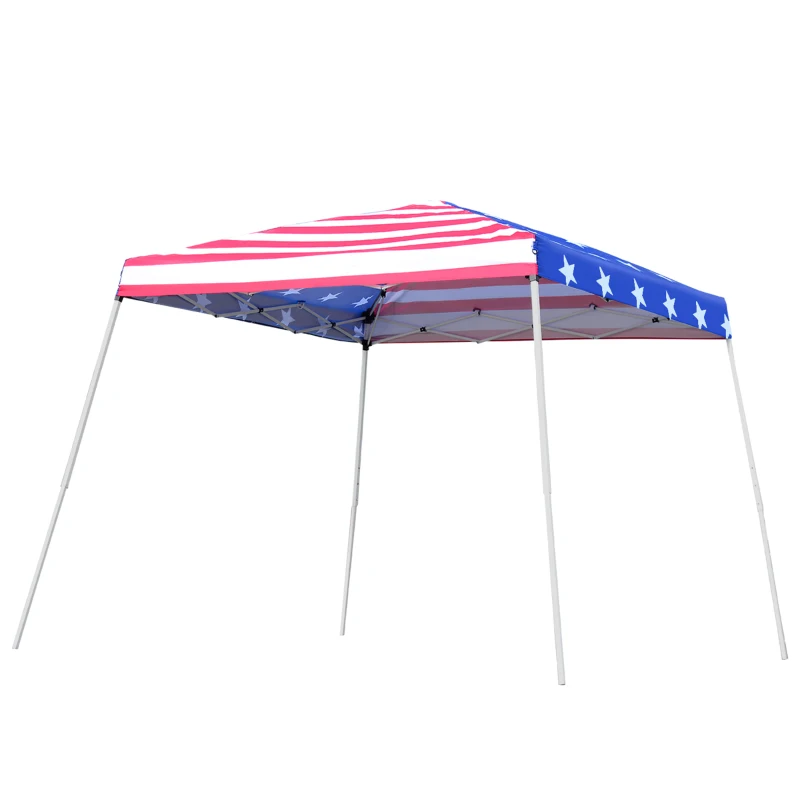Outsunny Slant Leg Pop Up Canopy Tent with American Flag Roof and Carry Bag, Beach Canopy Instant Sun Shelter, Height Adjustable, (10'x10' Base / 8'x8' Top)