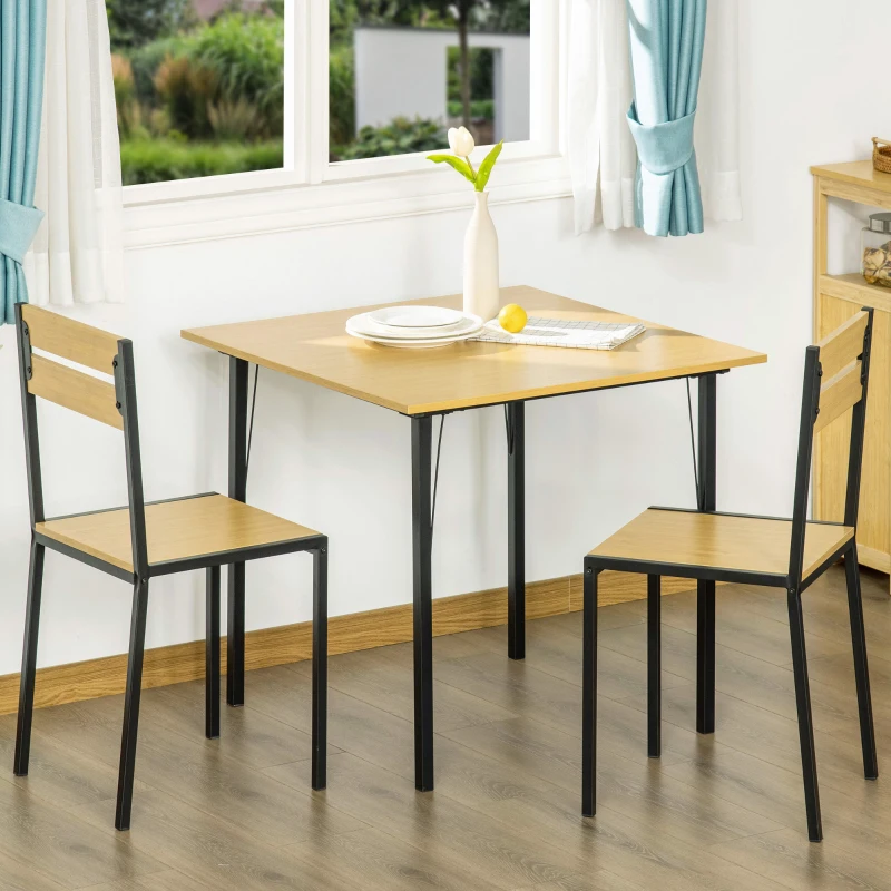 HOMCOM Industrial 3-Piece Dining Table Set, Square Kitchen Table with 2 Chairs for Dorms, Apartments, Studios, Bamboo