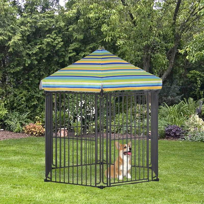 PawHut 60" x 52" Heavy-Duty Metal Dog Playpen, Outdoor Pet Cage Kennel, Puppy Exercise Fence Barrier with Weather-Resistant Polyester Roof, Locking Door, & Metal Frame