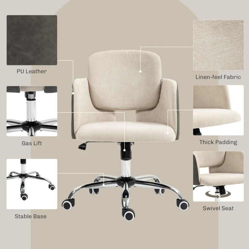 HOMCOM Small Desk Chair, Height Adjustable Fabric Office Chair with Swivel Wheels, Tilt Function, Computer Chair, Cream White