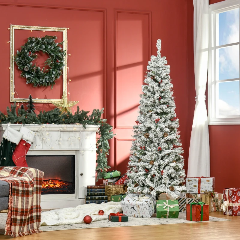 HOMCOM 6' Pencil Snow Flocked Artificial Christmas Tree with 600 Pine Realistic Branches, Pine Cones, Red Berries, Auto Open, Green