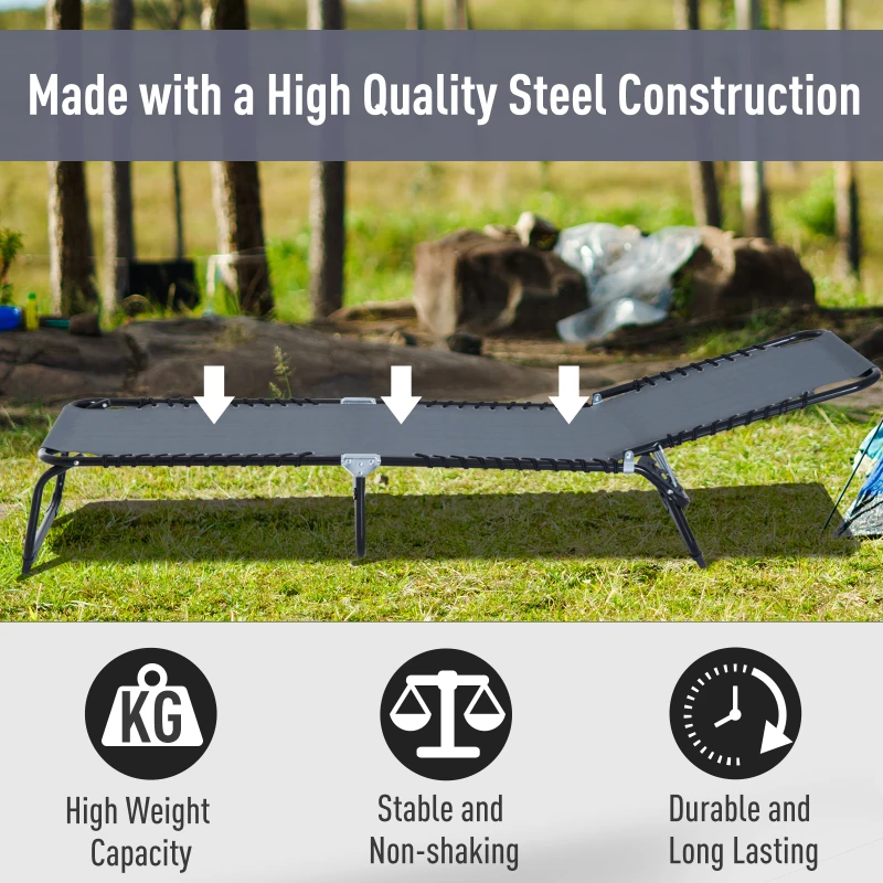 Outsunny Outdoor Folding Lounge Chair, 4-Level Adjustable Chaise Lounge with Headrest, Tanning Chair Beach Bed, Reclining Lounger Cot for Camping, Hiking, Backyard, Grey