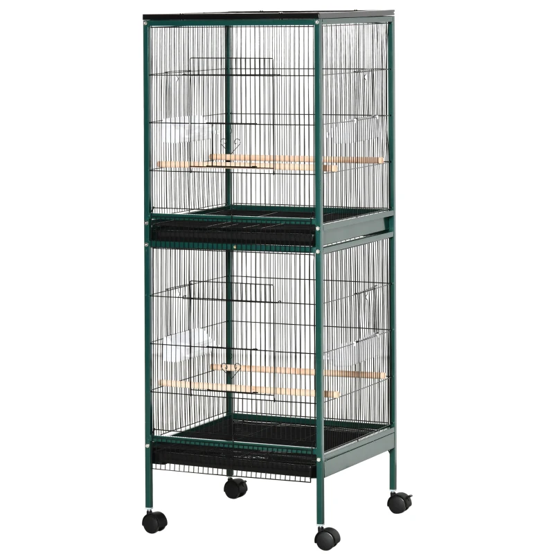 PawHut 55.1" 2 In 1 Bird Cage Aviary Parakeet House for finches, budgies with Wheels, Slide-out Trays, Wood Perch, Green