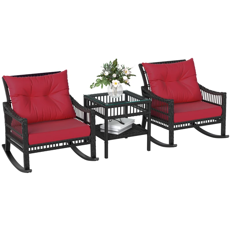 Outsunny 3 Pieces Outdoor PE Rattan Rocker Chair Set, Rocking Chair with Tempered Glass Table Top, 25"x26"x28", Red