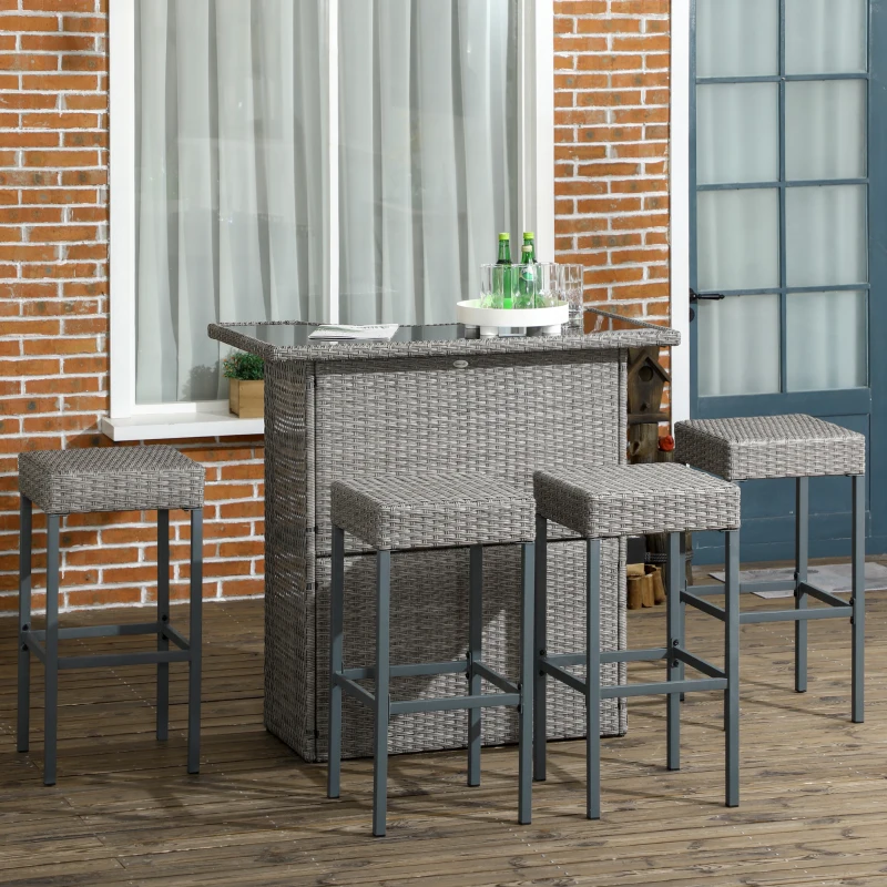 Outsunny 5 Piece Rattan Wicker Bar Set, High Top Outdoor Table and Chairs, Bar Height Patio Set, 2 Shelves & 4 Bar Stools, Gray