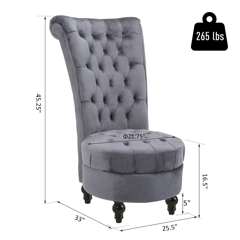 HOMCOM Retro High Back Armless Royal Accent Chair Fabric Upholstered Tufted Seat for Living Room, Dining Room and Bedroom, Grey
