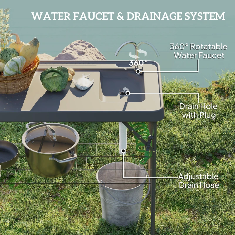 Outsunny Folding Fish Cleaning Table with Sink, Portable Camping Table with Faucet, Drainage Hose, Sprayer and Shelf, Gray