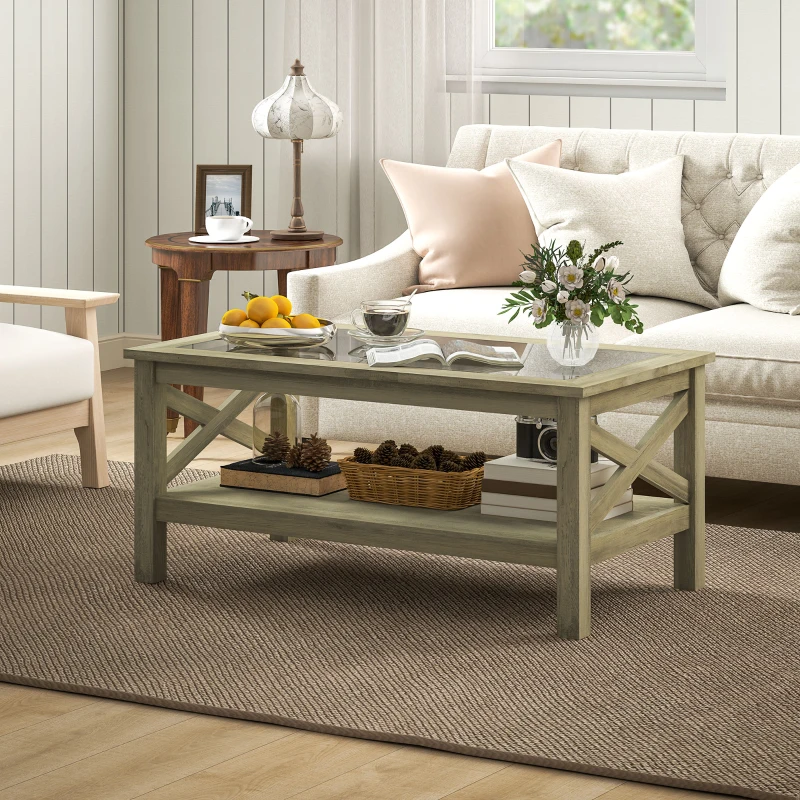 HOMCOM Coffee Table with Tempered Glass Tabletop, Living Room Table with Wood Frame and Underneath Storage Shelf, Gray
