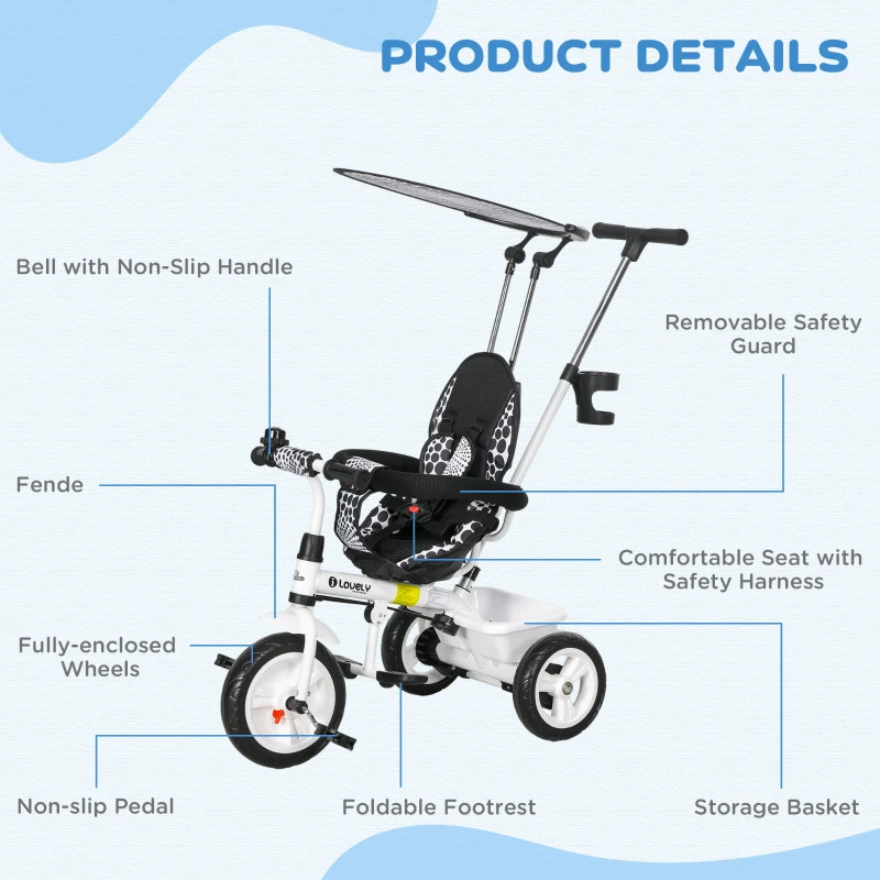 Qaba 6 in 1 Kids Tricycle with Removable Handlebar and Canopy, White