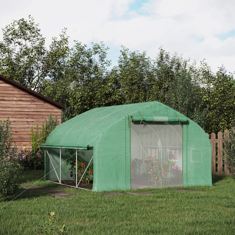 Outsunny 11.5' x 10' x 6.5' Walk-in Tunnel Greenhouse, Green House with Zippered Mesh Door, 7 Mesh Windows & Roll-up Sidewalls, Upgraded Gardening Plant Hot House with Galvanized Steel Hoops, Green