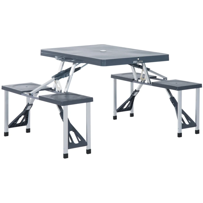 Outsunny Portable Foldable Camping Picnic Table with Seats Chairs and Umbrella Hole, Fold Up Travel Picnic Table, Grey