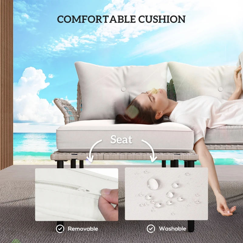 Outsunny 5-Piece Rattan Patio Furniture Set with Sofa, Chaise Lounge, Coffee Table, Footstools, Cushions, Cream White