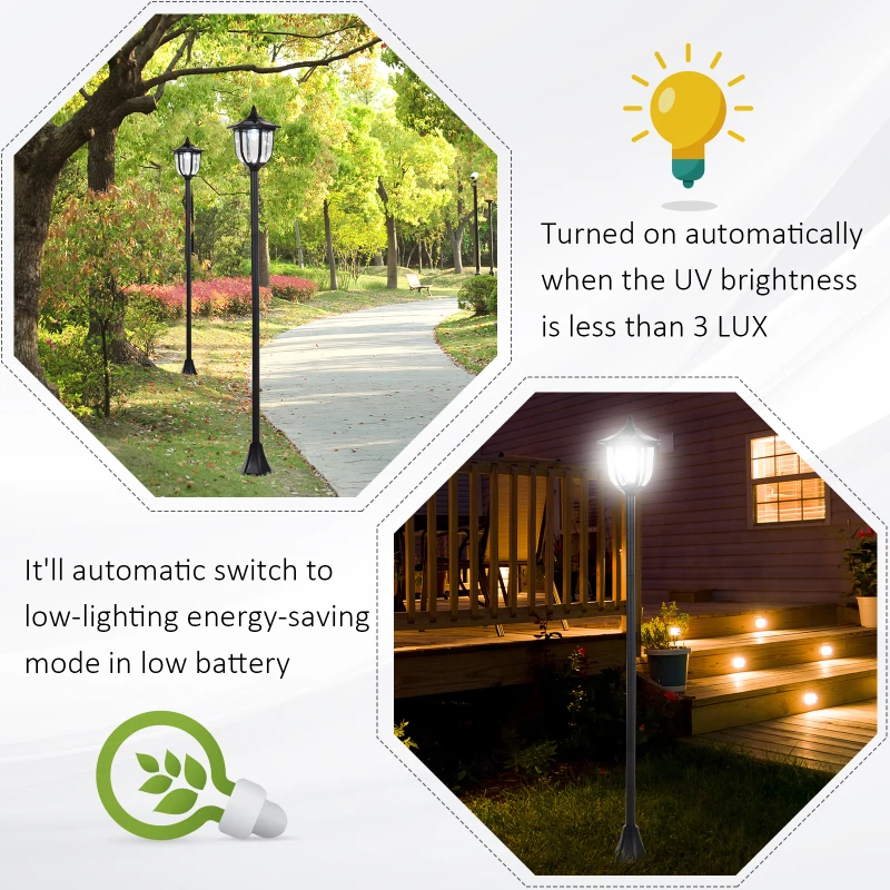 Outsunny Outdoor Solar Lamp Post Street Light, Waterproof with Auto Sensor Control, Adjustable Brightness, Beautiful Classic Lantern Style, for Pathway, Backyard, Porch, Patio