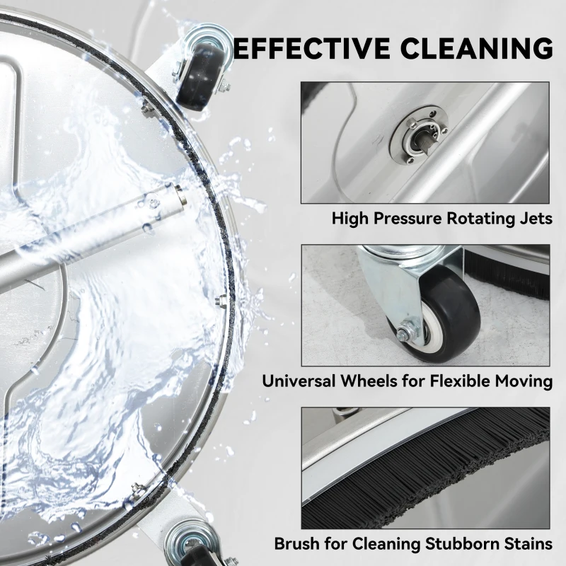 Outsunny 18" Pressure Washer Surface Cleaner with 4 Wheels, Stainless Steel Power Washer Surface Cleaner with 1/4" Quick Connector, 2 Handles, 3600 PSI, Silver