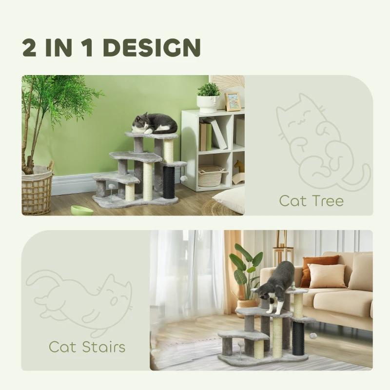 PawHut 2 in 1 Cat Tree 3 Steps Pet Stairs with Scratching Posts, Tickling Post, Toy Balls, for Bed, Couch, Sofa, Light Grey