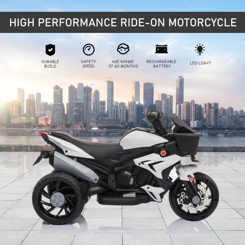 Aosom 6V Kids Motorcycle Toddler Ride-on Toy, High-Traction Battery-Operated Mini Electric Motorbike with Forward/Reverse Switch, Music, Headlights, Horn, White