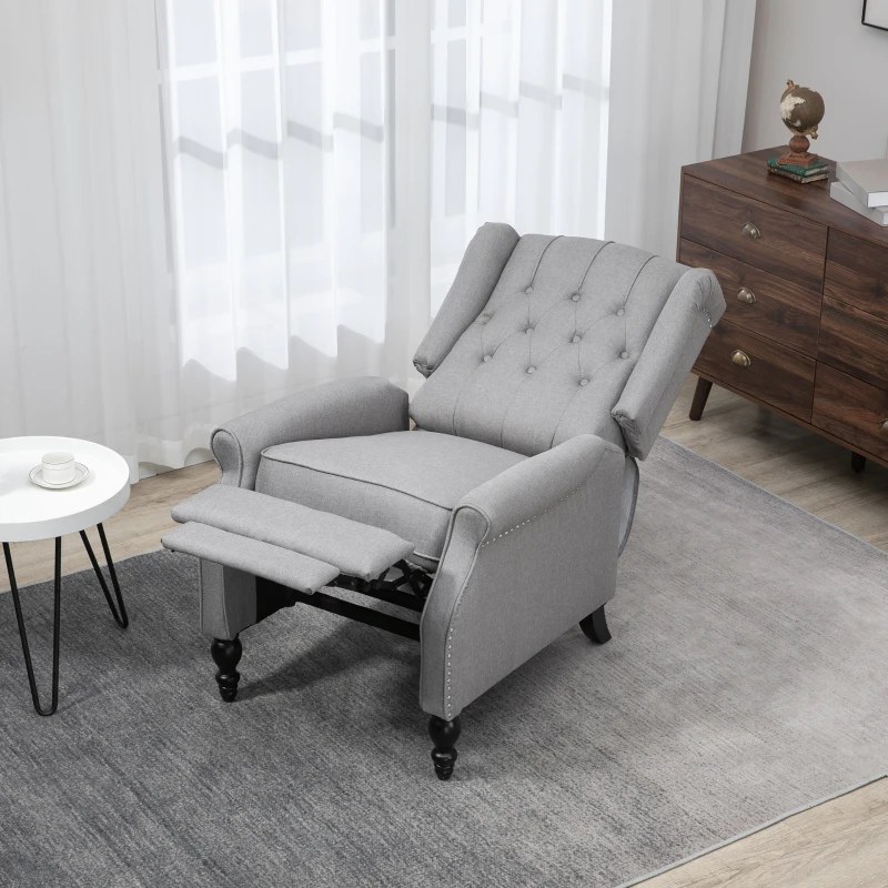 HOMCOM Wingback Reclining Chair with Footrest, Button Tufted Recliner Chair with Rolled Armrests for Living Room, Light Grey