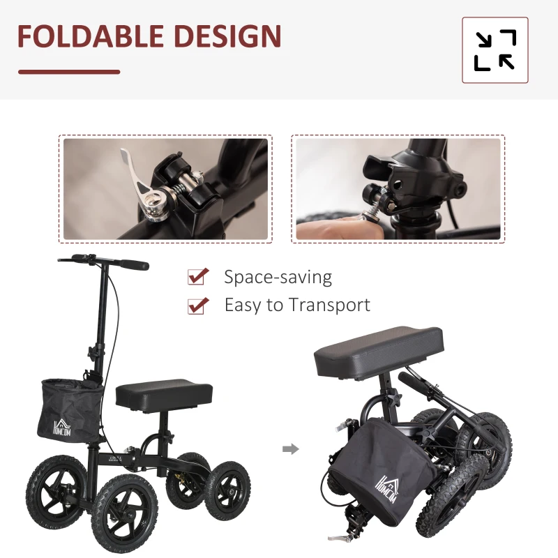 HOMCOM Knee Walker, Foldable Steerable Medical Knee Scooter, Crutch Alternative with Braking System, Storage Bag for Foot Injuries, Black