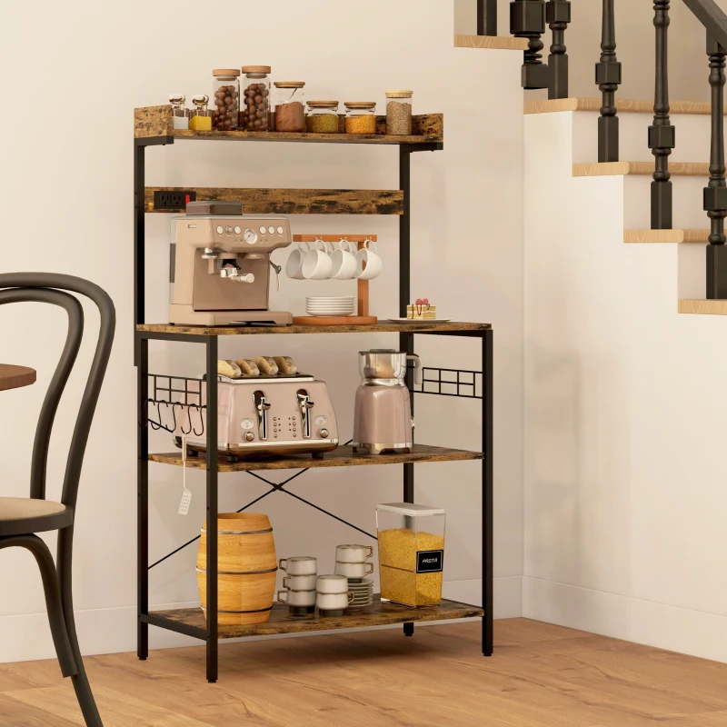 HOMCOM Kitchen Baker's Rack with Power Outlet, Coffee Bar Station with Adjustable Shelves and Hooks, Rustic Brown