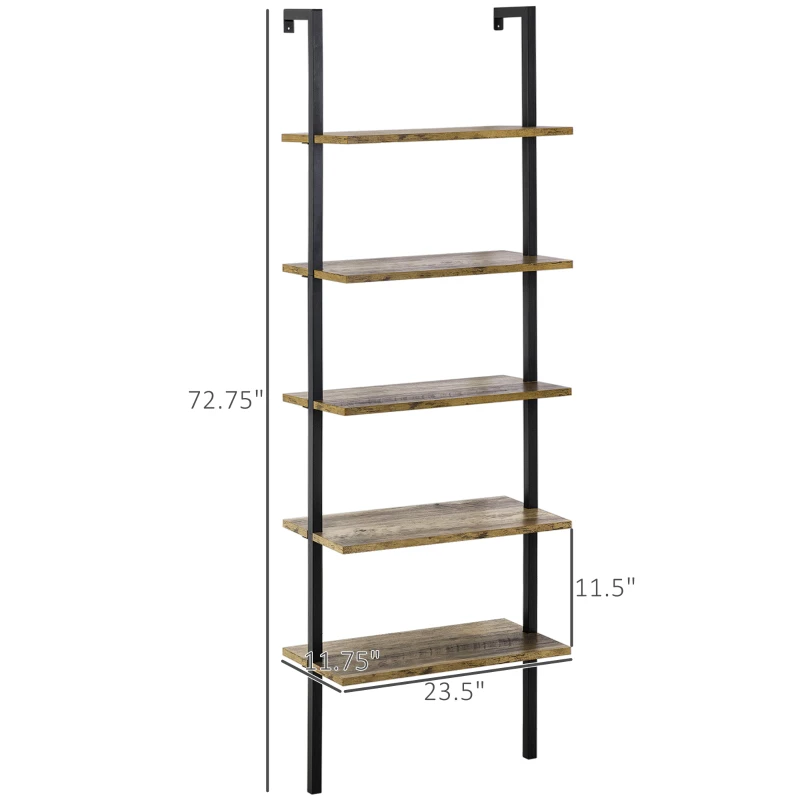HOMCOM Industrial Wall Mounted Ladder 5-Tier Bookshelf, Brown
