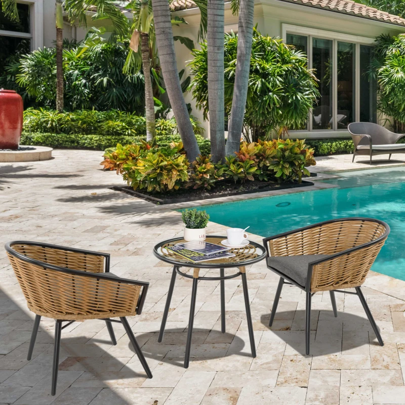 Outsunny 3 Piece Patio Set, Outdoor Bistro Furniture, PE Rattan Wicker Table and Chairs, Cushioned, Barrel Style, Gray