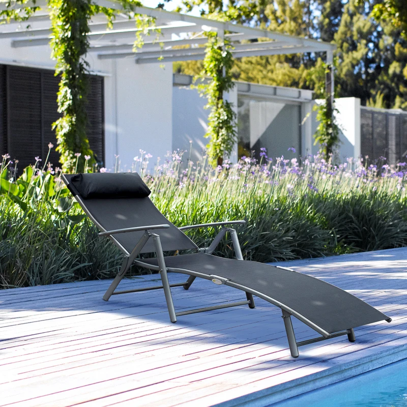 Outsunny Heavy-duty Adjustable Folding Reclining Chair Outdoor Sun Lounger Patio Chaise Lounge Garden Beach Gravity Lounge with Pillow, 7 Adjustable Backrest Positions, Black