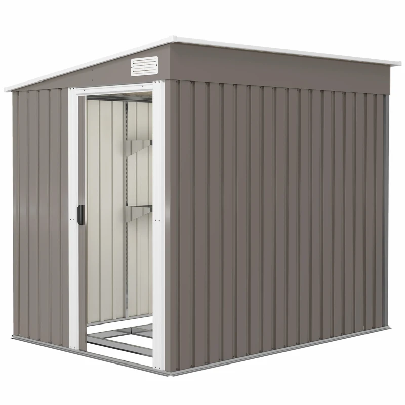 Outsunny 5'x7' Lean to Galvanized Metal Shed with Foundation, Garden Tool Storage House w/ Sliding Door and 2 Vents, Light Grey