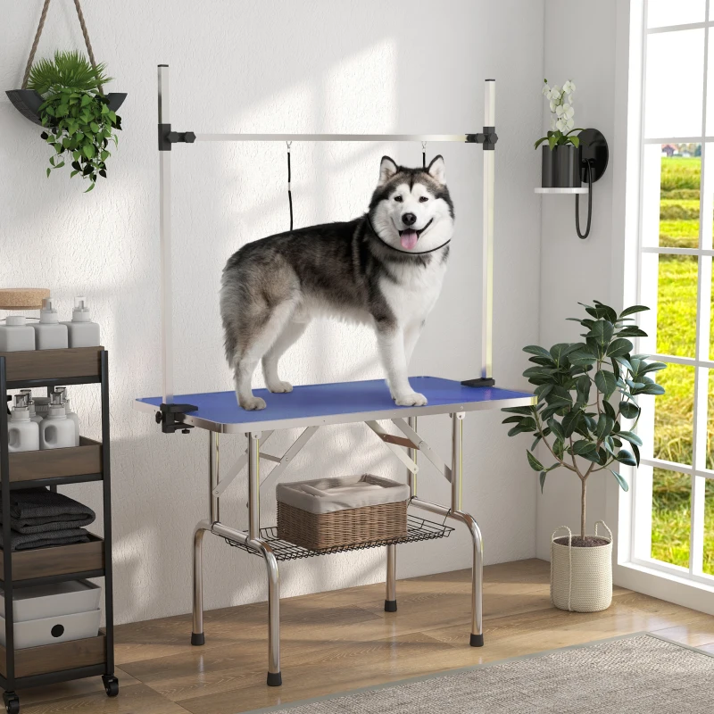 PawHut Adjustable Dog Grooming Table with 2 Safety Slings, Storage Basket, Blue